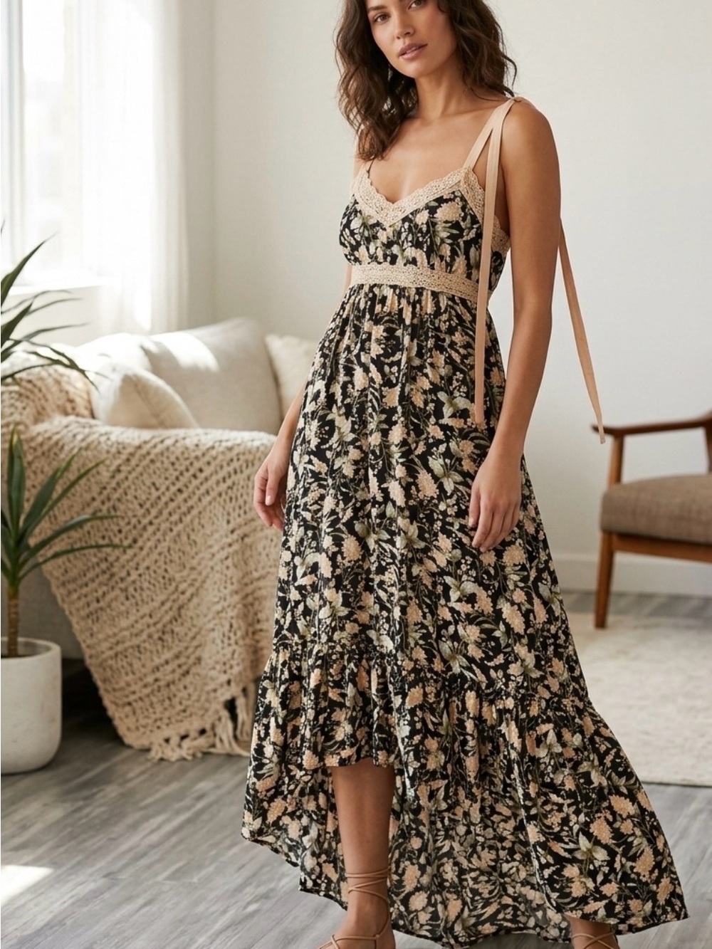 mine Black Floral High-Low Maxi Dress with Beige Lace